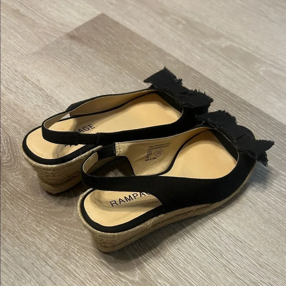 Rampage Dezie Wedge Slingbacks Raw Edge Black Linen Bows Espadrilles Sz 7
